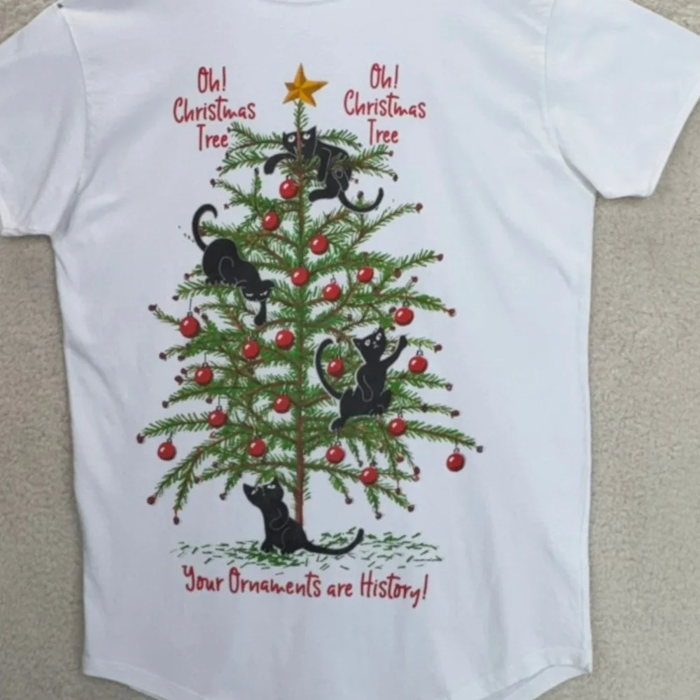 Relevant T-Shirt Women One Size White Short Sleeve Oh Christmas Tree Cats Cotton - Picture 7 of 9